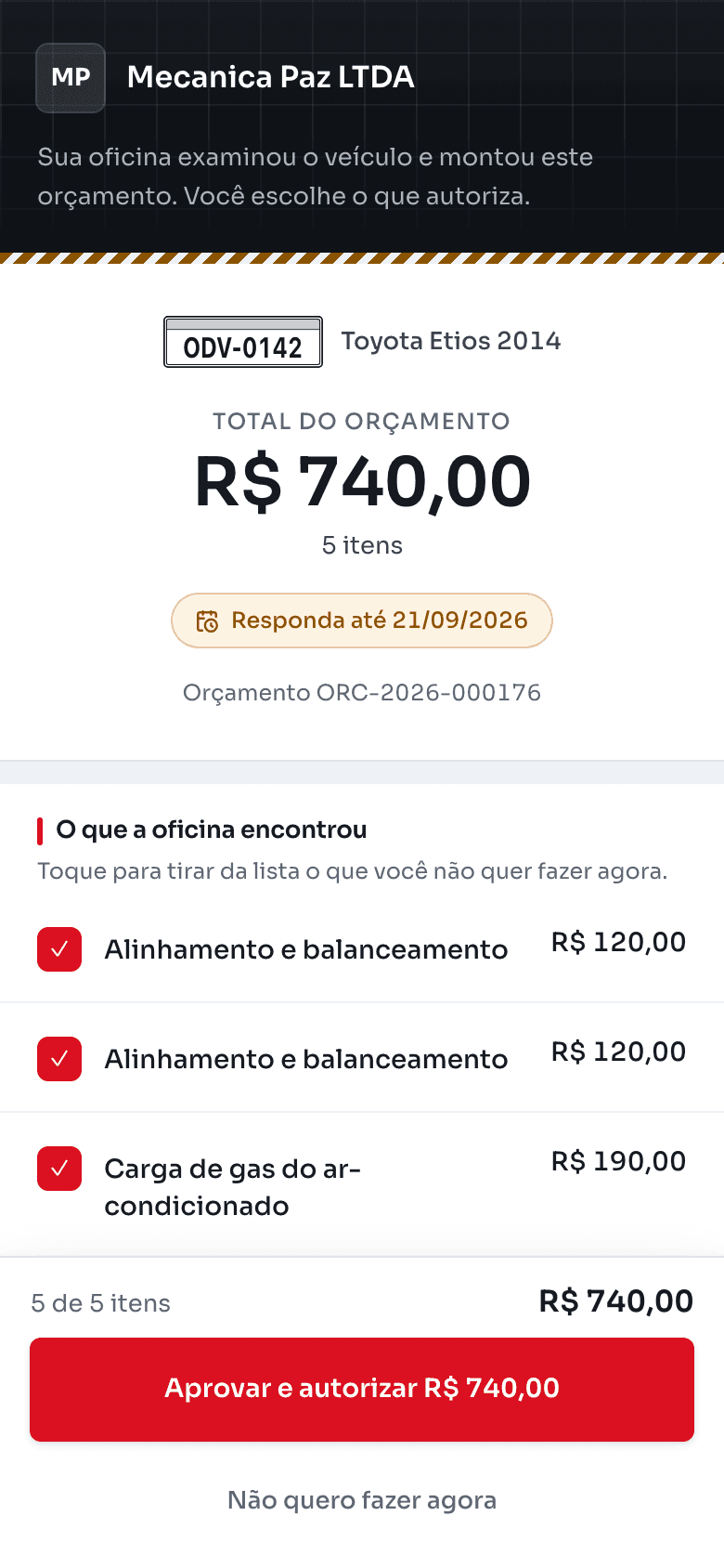 Tela que o cliente abre no celular pelo link do orçamento: o nome da oficina, a placa e o veículo, o valor total, o prazo para responder e a lista de itens com caixas de seleção, acima do botão de aprovar e autorizar o valor.